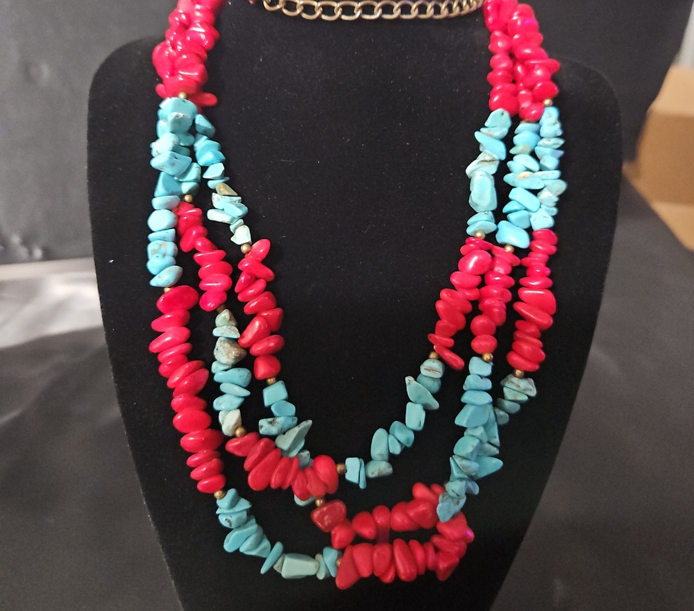 Multi-Strand Coral and Turquoise Chip Necklace